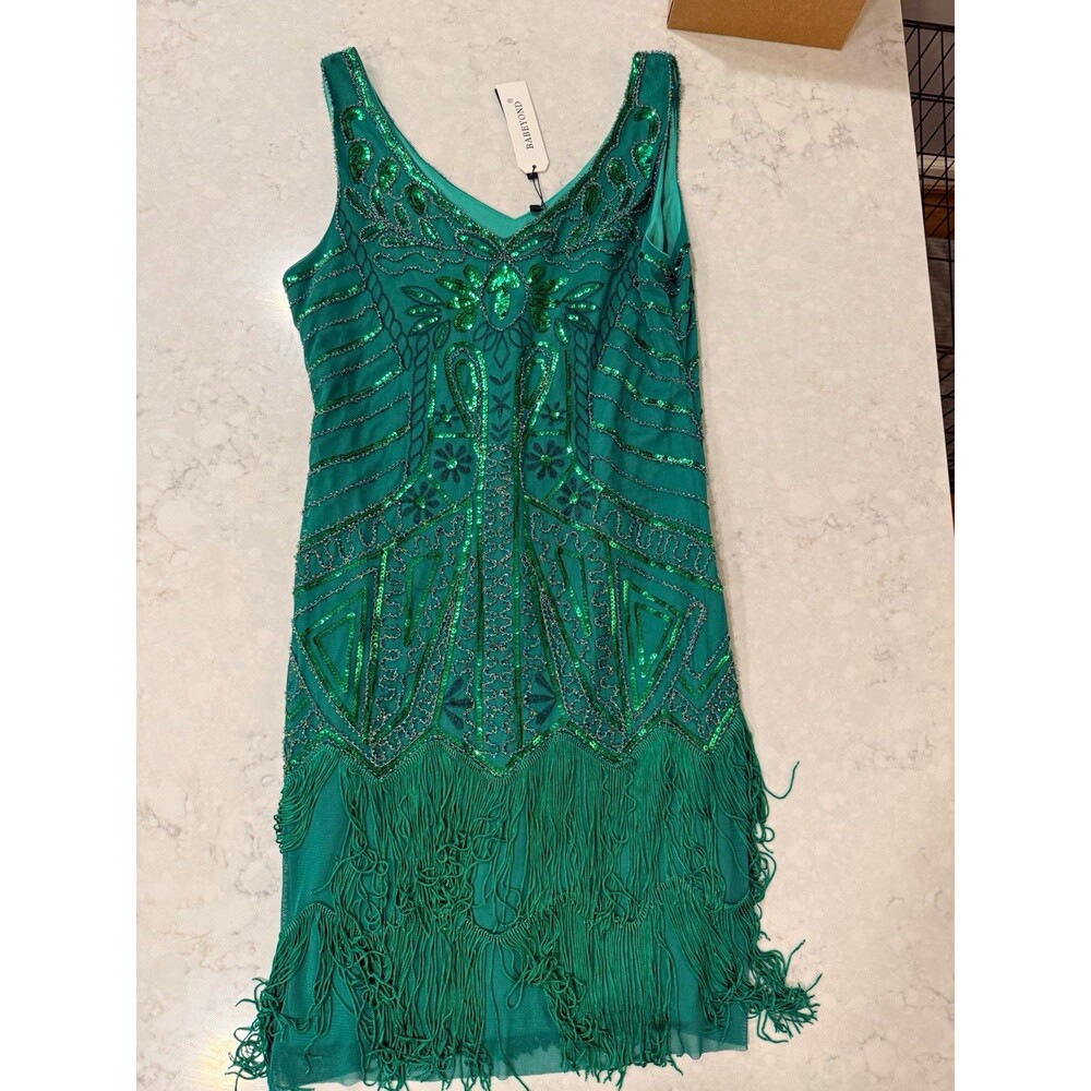 BABEYOND Green Beaded Sequin Fringe 1920s Flapper Sheath Dress XL V-Neck